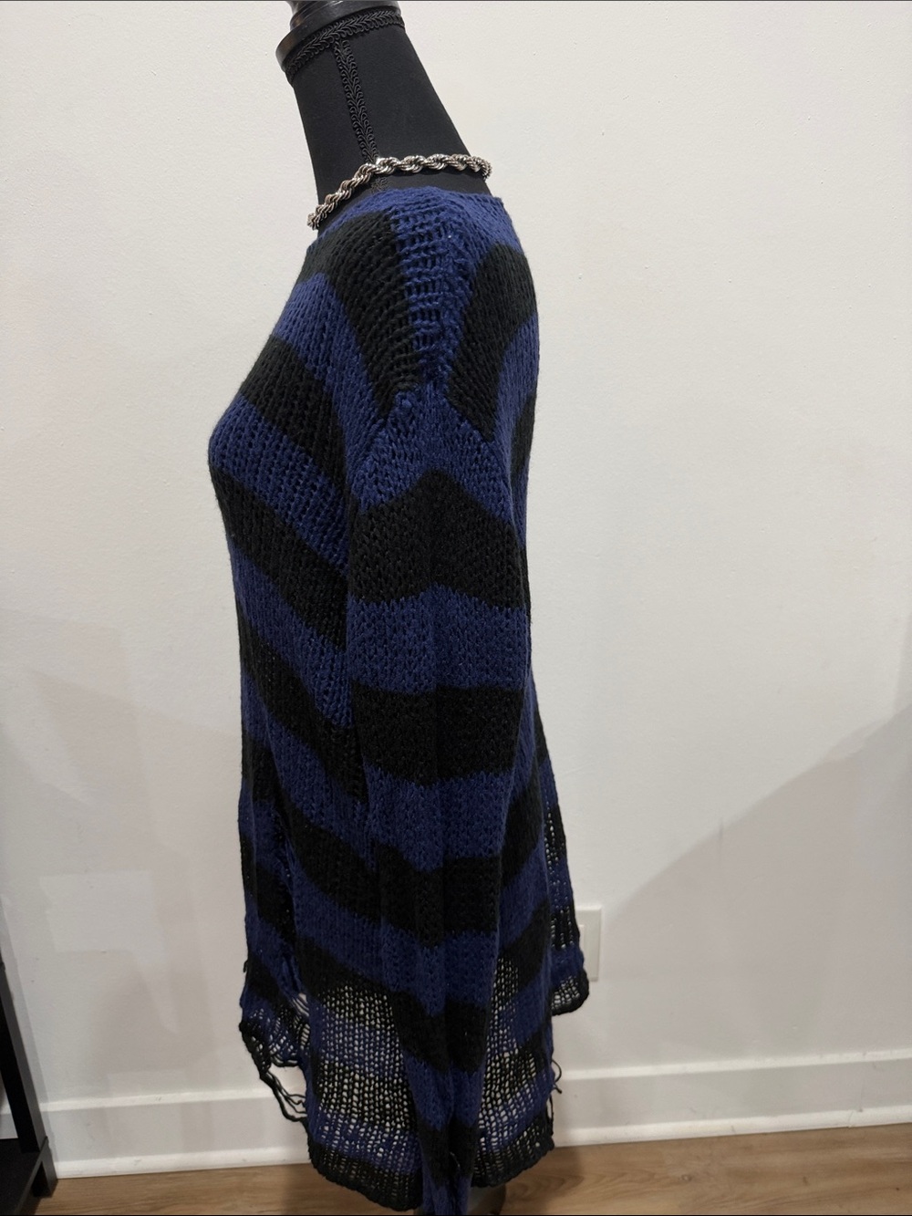 Killstar Blue and Black Distressed Open-Knit Off-Shoulder Sweater - Picture 2 of 4